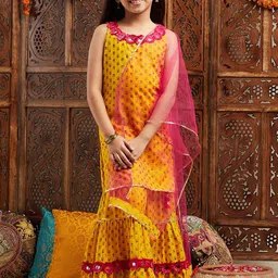 ROJAA Girls Ethnic Motifs Printed Regular Mirror Work Kurta With Sharara & Dupatta-picture-11
