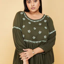 max Floral Embroidered Puff Sleeves Peplum Top-image-55