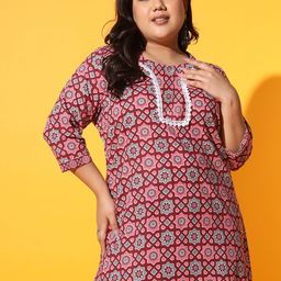 AUSTIVO Plus Size Ethnic Motif Printed Round Neck Three-Quarter Sleeves Kurti-22