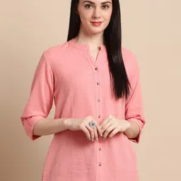 Pistaa Mandarin Collar Roll Up Sleeves Pure Cotton Kurti-image-56