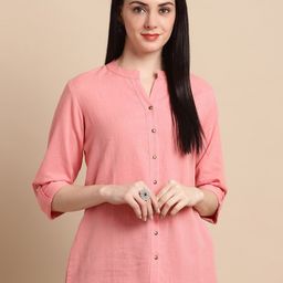Pistaa Mandarin Collar Roll-Ups Sleeves Pure Cotton Kurti-image-45