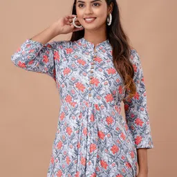 FERANOID Floral Printed Pure Cotton Pleated A-Line Kurti-49