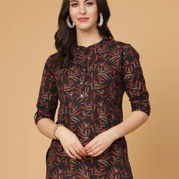 Pistaa Ethnic Motifs Printed Mandarin Collar Roll-Up Sleeves Pure Cotton High-Low Kurti-image-41