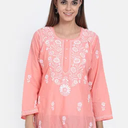 PARAMOUNT CHIKAN Peach-Coloured & White Ethnic Motifs Embroidered Chikankari Cotton Kurti-picture-53