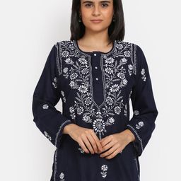 PARAMOUNT CHIKAN Women Navy Blue & White Chikankari Embroidered Kurti-48