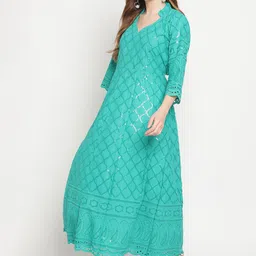 KALINI Ethnic Motifs Embroidered Chikankari Cotton Anarkali Kurta-image-69