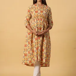 CRAFIQA Ethnic Motifs Printed Pure Cotton Band Collar Maternity A-Line Kurta-image-58