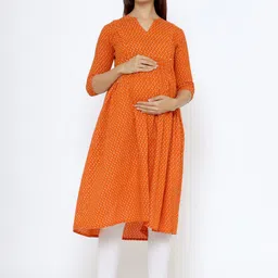 CRAFIQA Women Orange & White Floral Printed Maternity & Nursing Cotton Anarkali Kurta-image-55