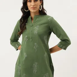 Neemiya Floral Embroidered Mandarin Collar Sequinned Pure Cotton Staright Kurti-image-76