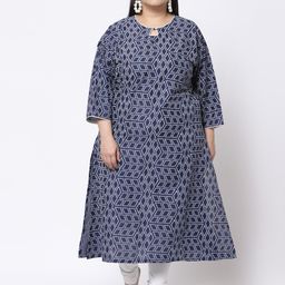 KLOTTHE Women Plus Size Blue & White Geometric Printed Keyhole Pure Cotton Neck Kurta-picture-19