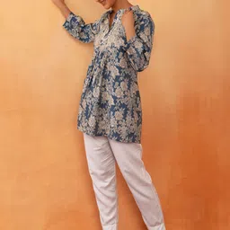 Rang by Indya Floral Printed Thread & Mirror Work Mandarin Collar A-Line Kurti-13