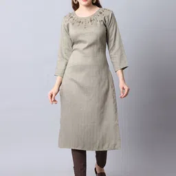 Rajnandini Women Olive Green Striped Thread Work A-line Kurta-image-76