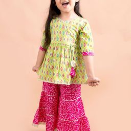 LIL PITAARA Girls Green Printed Empire Gotta Patti Pure Cotton Kurti with Sharara-image-16