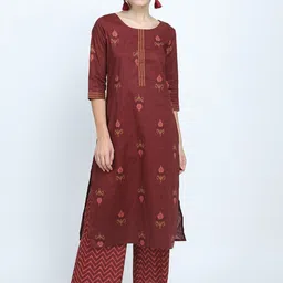 Vishudh Women Maroon Floral Printed Pure Cotton Kurta With Palazzos-21