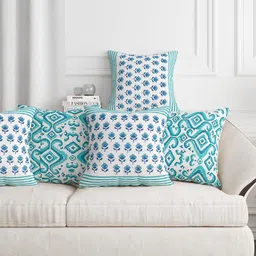 Sangria Green & White 5 Pieces Printed Pure Cotton Square Cushion Covers-image-93