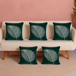 Decoghar Green & White 5 Pieces Floral Embroidered Square Cushion Cover-image-96