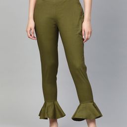 Jompers Women Olive Green Smart Slim Fit Solid Trousers-image-93