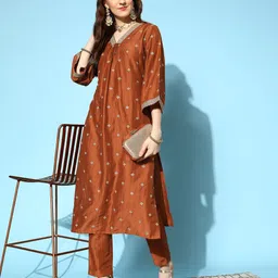 Inddus Women Rust Ethnic Motifs Embroidered Kurta with Trousers-image-24