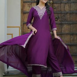 Libas Floral Yoke Design Zari V Neck A Line Kurta with Trousers & Dupatta-image-28