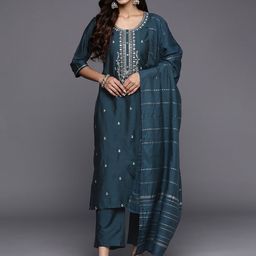 Libas Women Blue Floral Embroidered Regular Sequinned Kurta with Trousers  With Dupatta-image-43