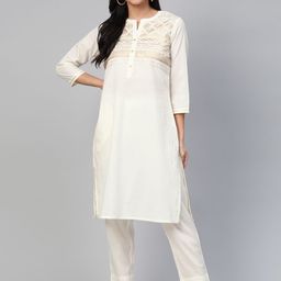 Sangria Women Off-White & Golden Yoke Design Kurta with Trousers-picture-48