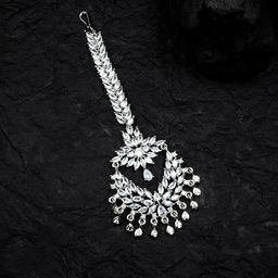 StileAdda Silver-Plated White AD Stone-Studded Maang Tikka-56