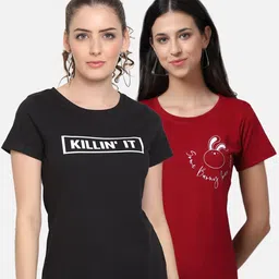 UnaOne Women Pack of 2 Maroon & Black Typography Printed Pure Cotton T-shirt-image-38