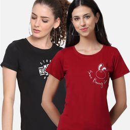 UnaOne Women Pack of 2 Maroon & Black Typography Printed Pure Cotton T-shirt-36