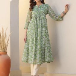 Women Floral Print Chiffon Flared Kurta-image-4