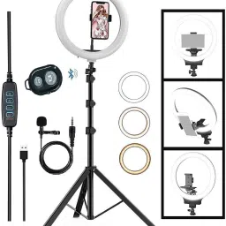PKST 10"Selfie Light 7Ft Long tripod 5m long collar mic, remote Kit Ring Flash-17