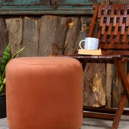 Shadowkart Peach-colored Velvet & Wooden Round Ottoman-image-84