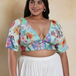 SALWAR STUDIO Floral Printed V-Neck Brocade Readymade Saree Blouse-image-32