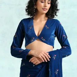 trueBrowns Women Blue Embroidered Velvet Saree Blouse-picture-12