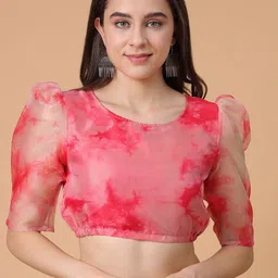 Frolic Rolic Tie and Dye Printed Puff Sleeve Organza Saree Blouse-image-27