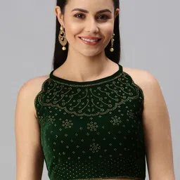 flaher Women Green Swarovski Work Velvet Readymade Padded Blouse-picture-51