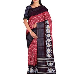 SAADHVI Women Peach-Coloured & Navy Blue Kalamkari Silk Blend Bhagalpuri Saree-image-68