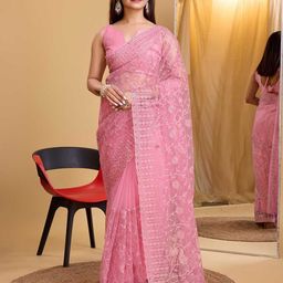VAIRAGEE Ethnic Motifs Embroidered Net Saree-image-81