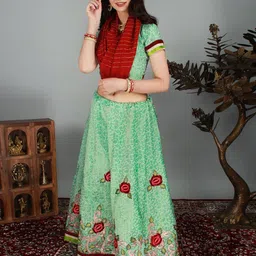Exotic India Embroidered Thread Work Ready to Wear Lehenga & Blouse With Dupatta-picture-33