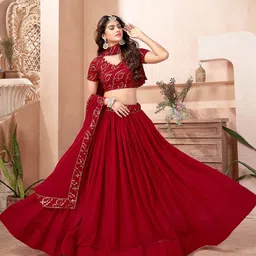 ODETTE Red Embellished Semi-Stitched Lehenga & Unstitched Blouse With Dupatta-picture-11