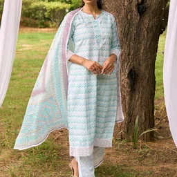 Libas Chevron Printed Regular Thread Work Kurta with Trouser & Dupatta image 1
