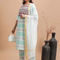 Vishudh Striped Pure Cotton Kurta With Trousers & Dupatta image 1