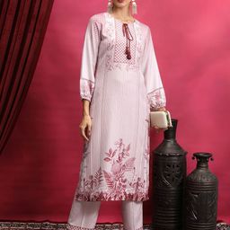 Vishudh Pink Floral Printed Tie-Up Neck Pure Cotton Kurta with Palazzos-image-63