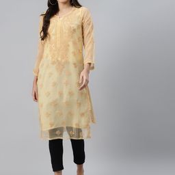 ADA Women Beige & Black Ethnic Motifs Embroidered Chikankari Handloom Kurta with Trousers & Inner-image-33