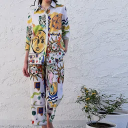 Boho By Athena Printed Shirt Collar Linen Shirt & Flared Trouser Co-Ords-image-64
