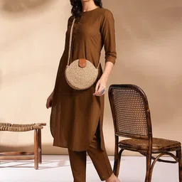 Anouk Olive Round Neck Straight Curved Pleated Kurta With Trouser-picture-2