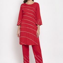 SOUNDARYA Striped Bell Sleeves Gotta Patti Pure Cotton Kurta With Trousers-image-18