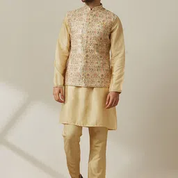 Twamev Mandarin Collar Kurta with Trousers And Embroidered Nehru Jacket-image-1