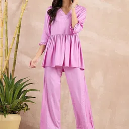 First Resort by Ramola Bachchan Self Design V-Neck Organic Cotton Top With Trousers-image-48