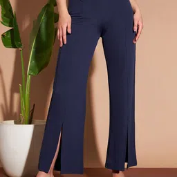 Marie Claire Women Navy Blue High-Rise Plain Knitted Cropped Side Slits Bootcut Trousers-image-80