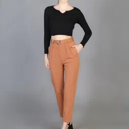 Orchid Blues Women Tapered Fit High-Rise Cotton Trousers With Belt-image-69